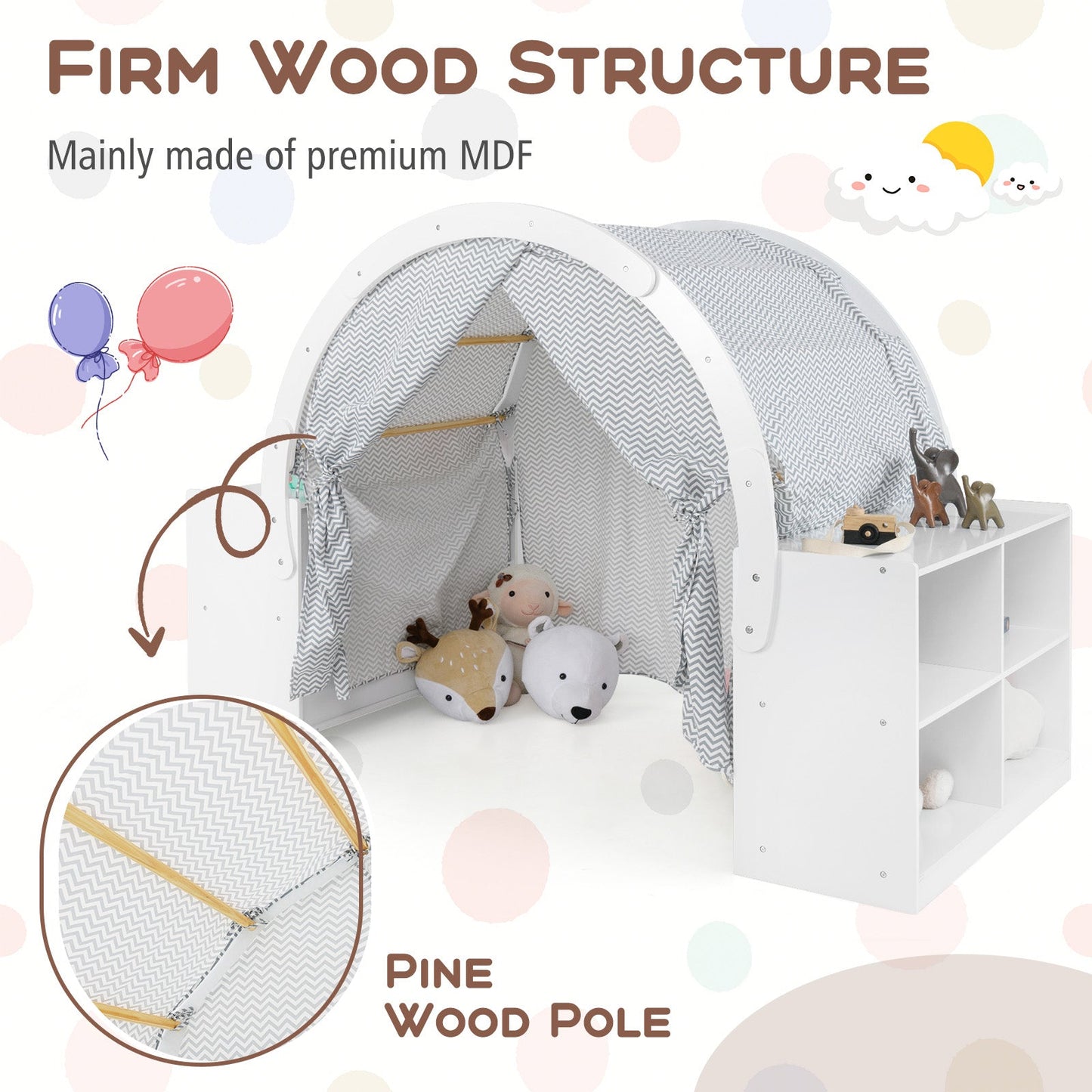 Tente de jeu en bois pour enfants avec rideaux et compartiments