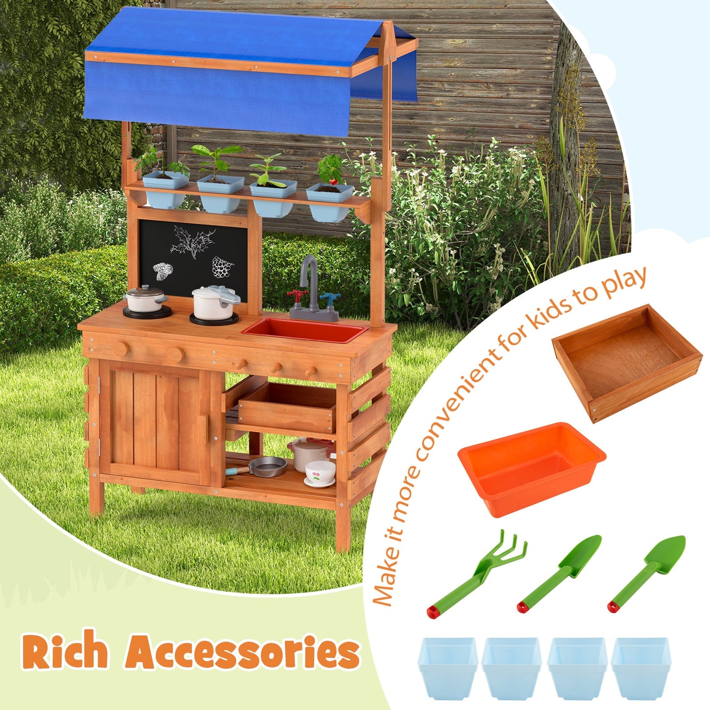 Cuisine en bois pour jeu de rôle avec auvent réglable pour enfants