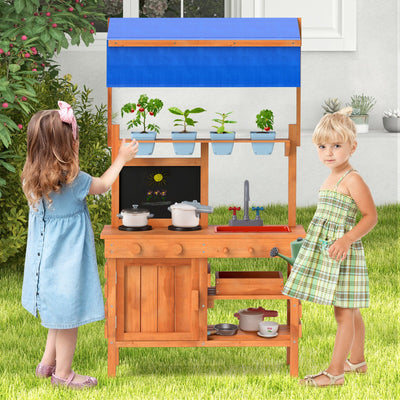 Wooden Pretend Play Kitchen with Adjustable Canopy for Kids