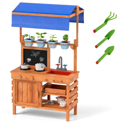 Wooden Pretend Play Kitchen with Adjustable Canopy for Kids