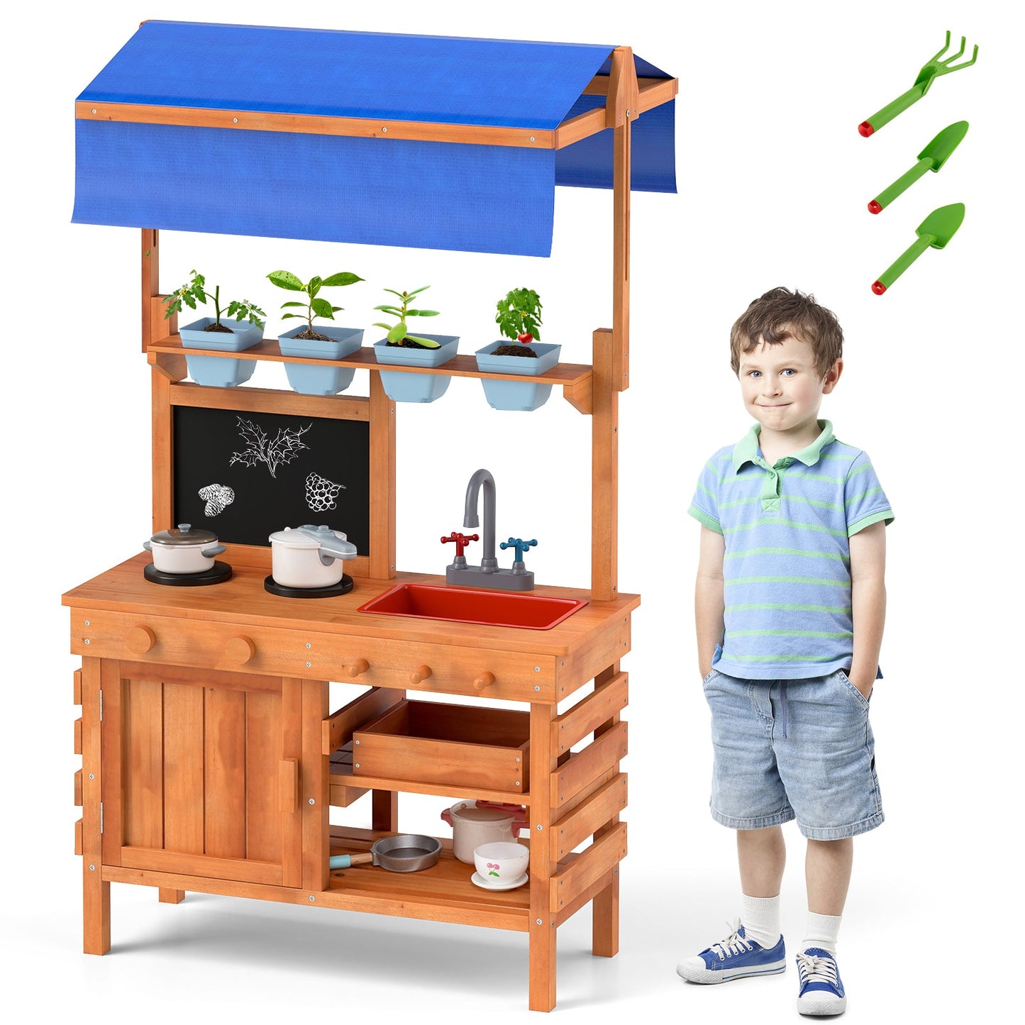 Cuisine en bois pour jeu de rôle avec auvent réglable pour enfants