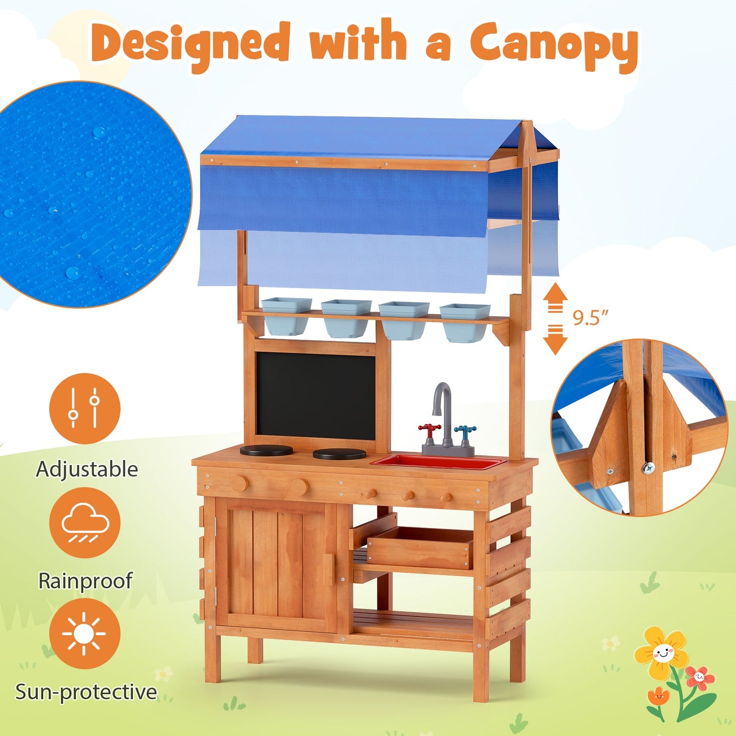 Cuisine en bois pour jeu de rôle avec auvent réglable pour enfants