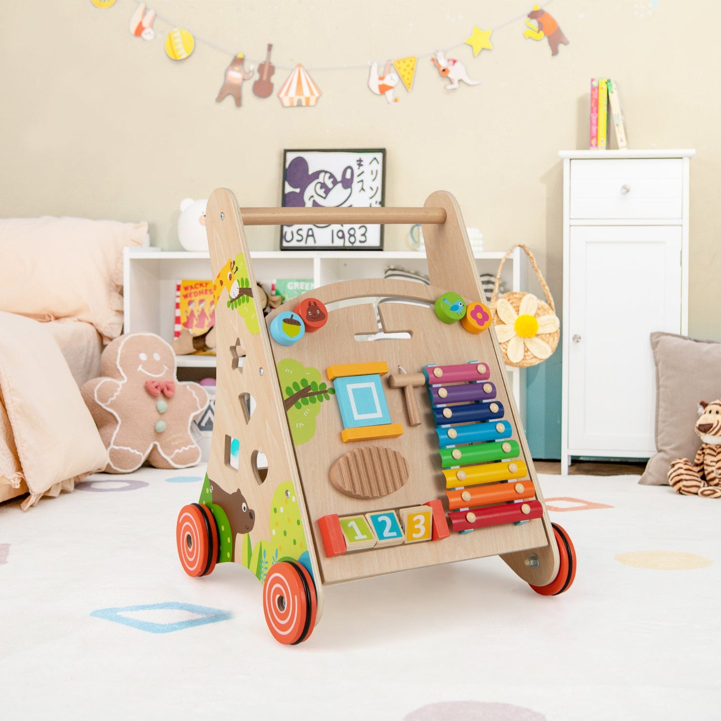 Pousse et tire en bois naturel pour bébé avec rangement