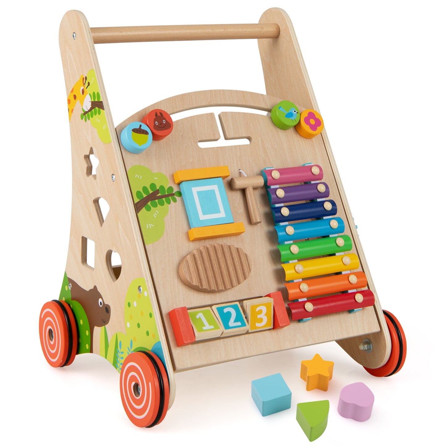 Pousse et tire en bois naturel pour bébé avec rangement
