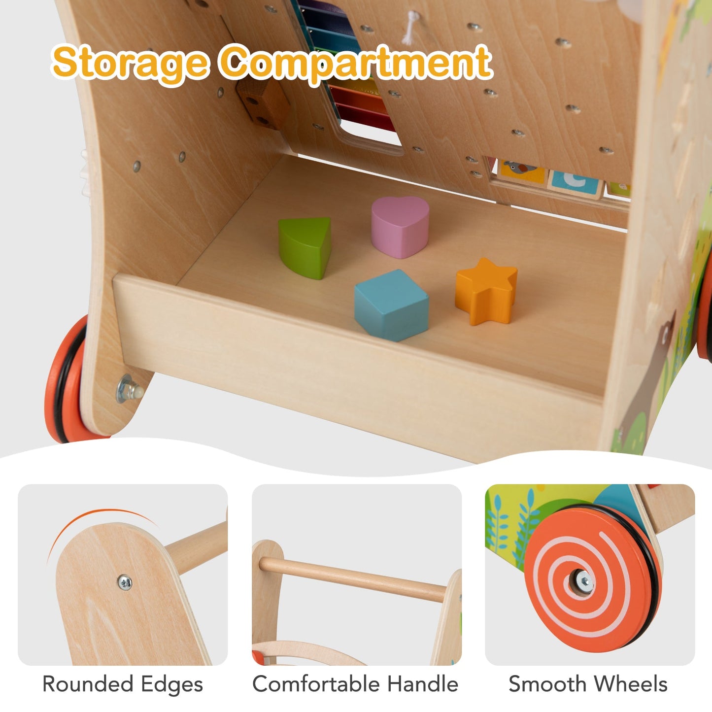 Pousse et tire en bois naturel pour bébé avec rangement
