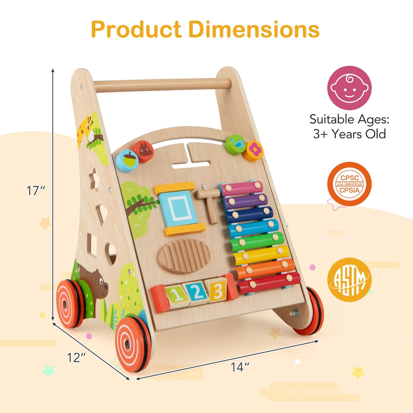 Pousse et tire en bois naturel pour bébé avec rangement