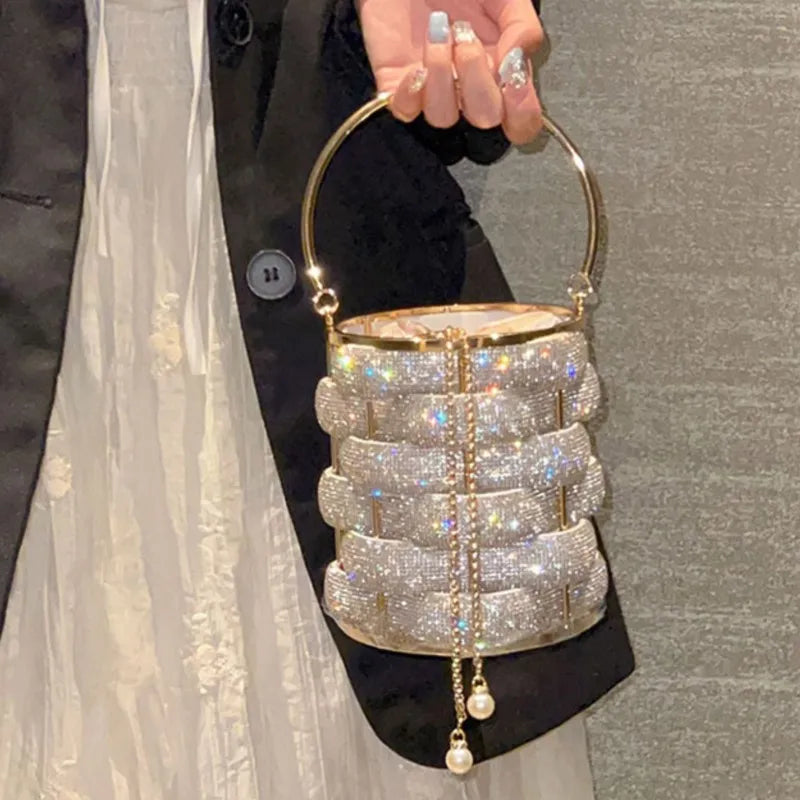 Woven Rhinestone Bucket Bag Woven Clutch Bags Women Boutique Multicolor Crystal Hollow Out Metal Purses And Handbags Wedding - Korvel
