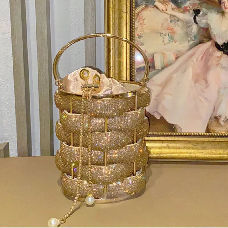Woven Rhinestone Bucket Bag Woven Clutch Bags Women Boutique Multicolor Crystal Hollow Out Metal Purses And Handbags Wedding - Korvel