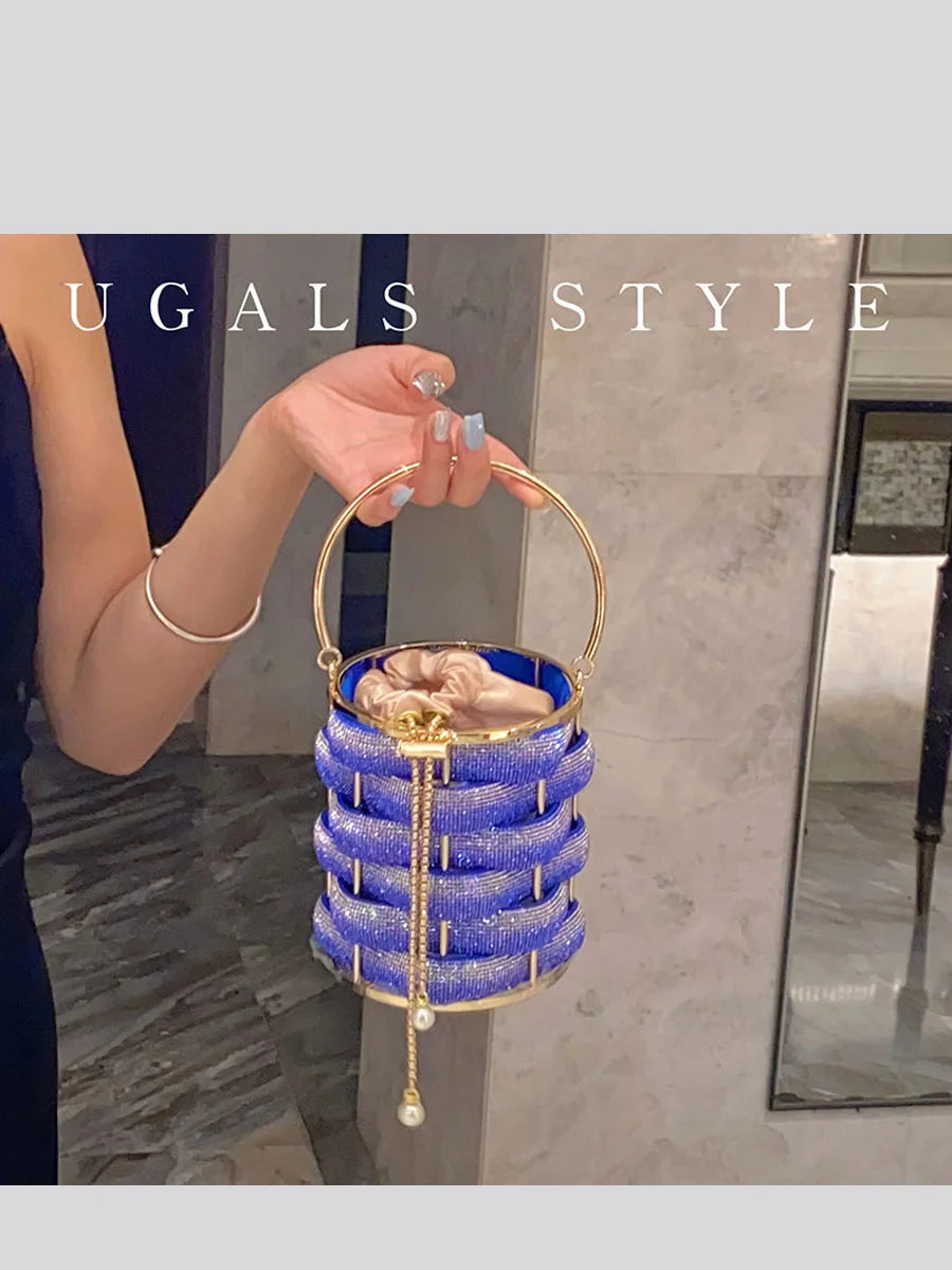 Woven Rhinestone Bucket Bag Woven Clutch Bags Women Boutique Multicolor Crystal Hollow Out Metal Purses And Handbags Wedding - Korvel