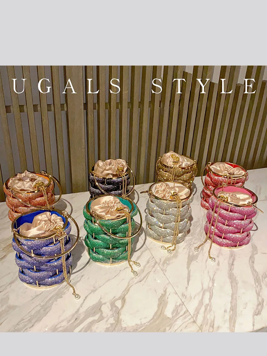 Woven Rhinestone Bucket Bag Woven Clutch Bags Women Boutique Multicolor Crystal Hollow Out Metal Purses And Handbags Wedding - Korvel