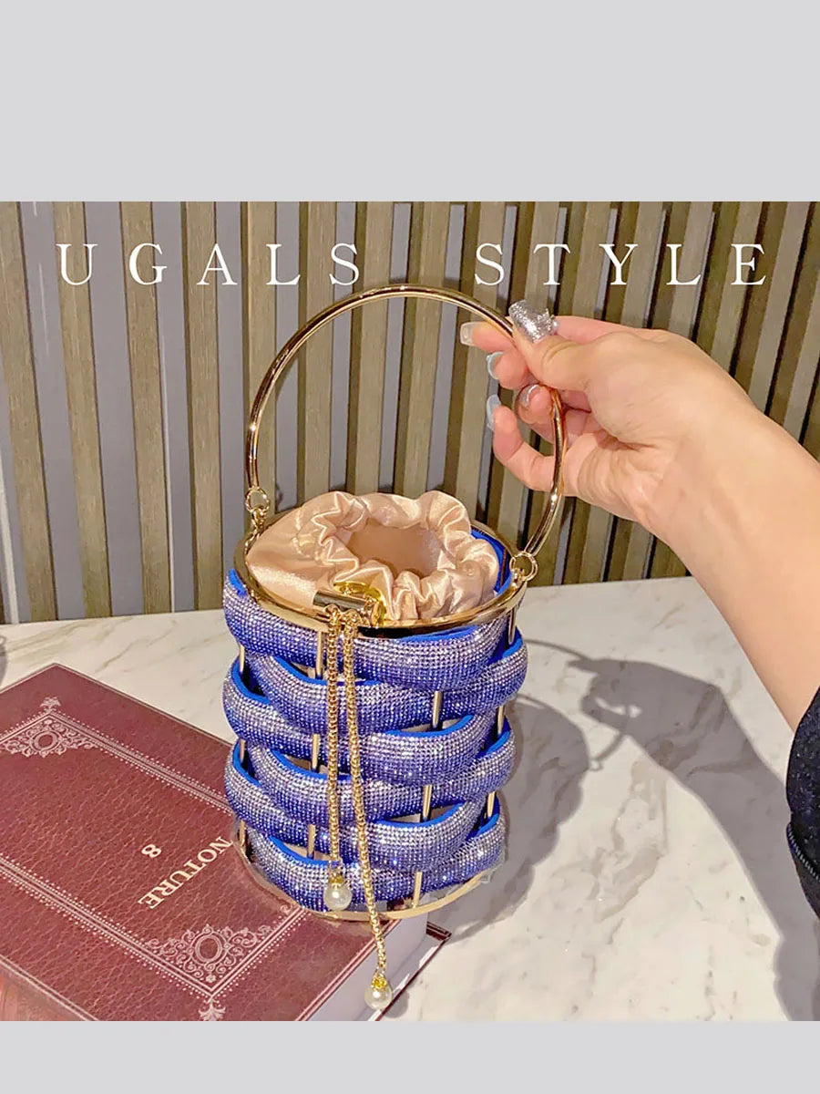 Woven Rhinestone Bucket Bag Woven Clutch Bags Women Boutique Multicolor Crystal Hollow Out Metal Purses And Handbags Wedding - Korvel