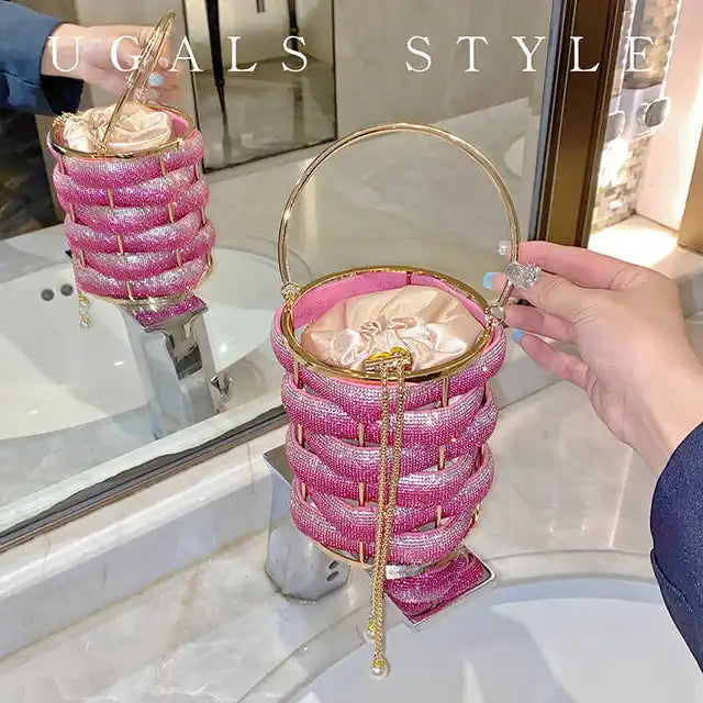 Woven Rhinestone Bucket Bag Woven Clutch Bags Women Boutique Multicolor Crystal Hollow Out Metal Purses And Handbags Wedding - Korvel