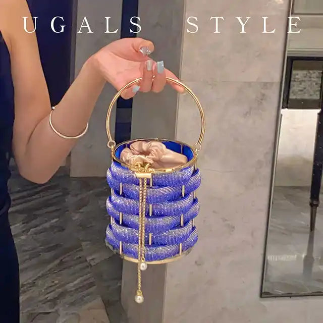 Woven Rhinestone Bucket Bag Woven Clutch Bags Women Boutique Multicolor Crystal Hollow Out Metal Purses And Handbags Wedding - Korvel