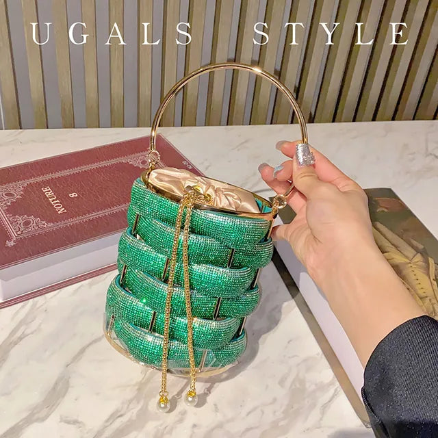 Woven Rhinestone Bucket Bag Woven Clutch Bags Women Boutique Multicolor Crystal Hollow Out Metal Purses And Handbags Wedding - Korvel