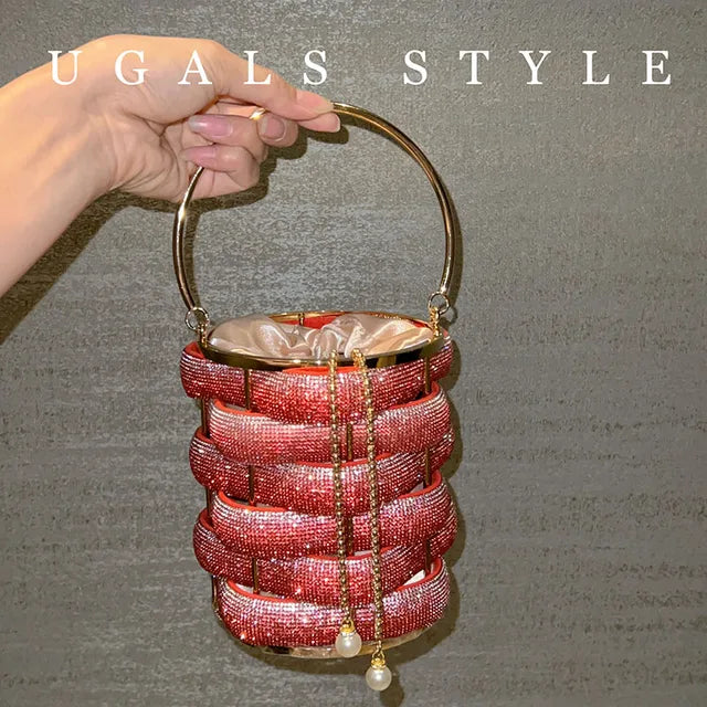 Woven Rhinestone Bucket Bag Woven Clutch Bags Women Boutique Multicolor Crystal Hollow Out Metal Purses And Handbags Wedding - Korvel