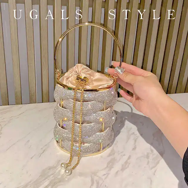 Woven Rhinestone Bucket Bag Woven Clutch Bags Women Boutique Multicolor Crystal Hollow Out Metal Purses And Handbags Wedding - Korvel