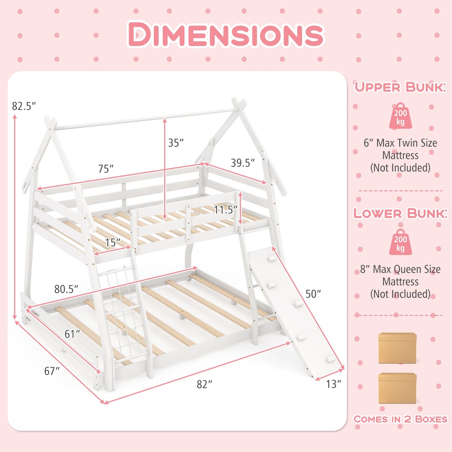 Cama litera Twin sobre Queen con redes de escalada y rampa - Blanca
