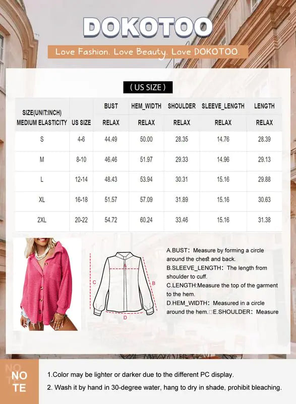 Dokotoo Women's Waffle Knit Shacket - Haut à boutons décontracté à manches longues