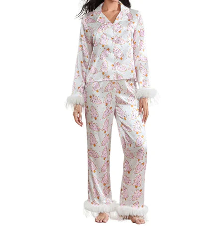 Christmas Satin Printed Long Sleeve Pajama Suit