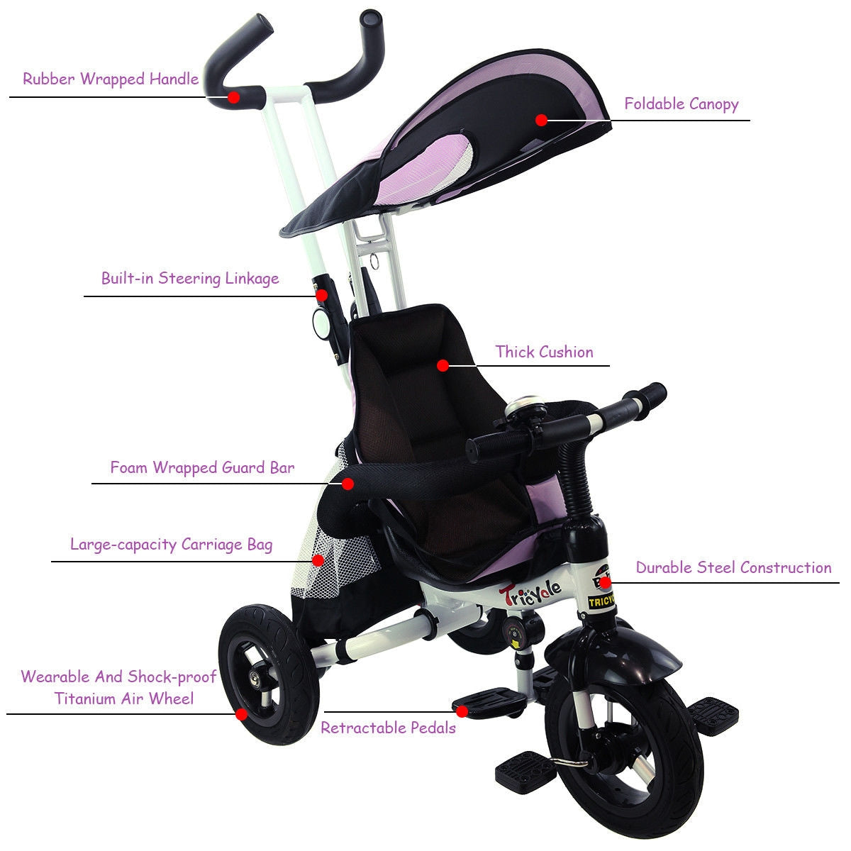 4-in-1 Detachable Learning Baby Tricycle Stroller - Pink