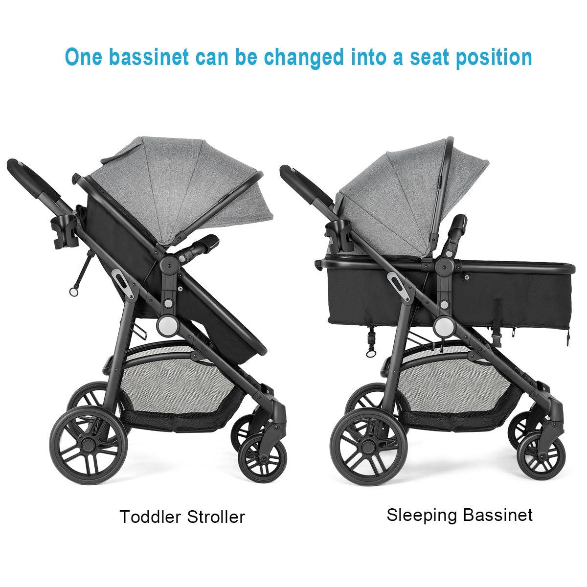 2-in-1 Foldable Pushchair for Newborns and Infants - Gray