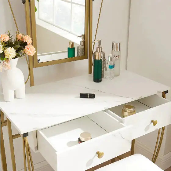 Ensemble de coiffeuse blanche élégante avec miroir et tabouret