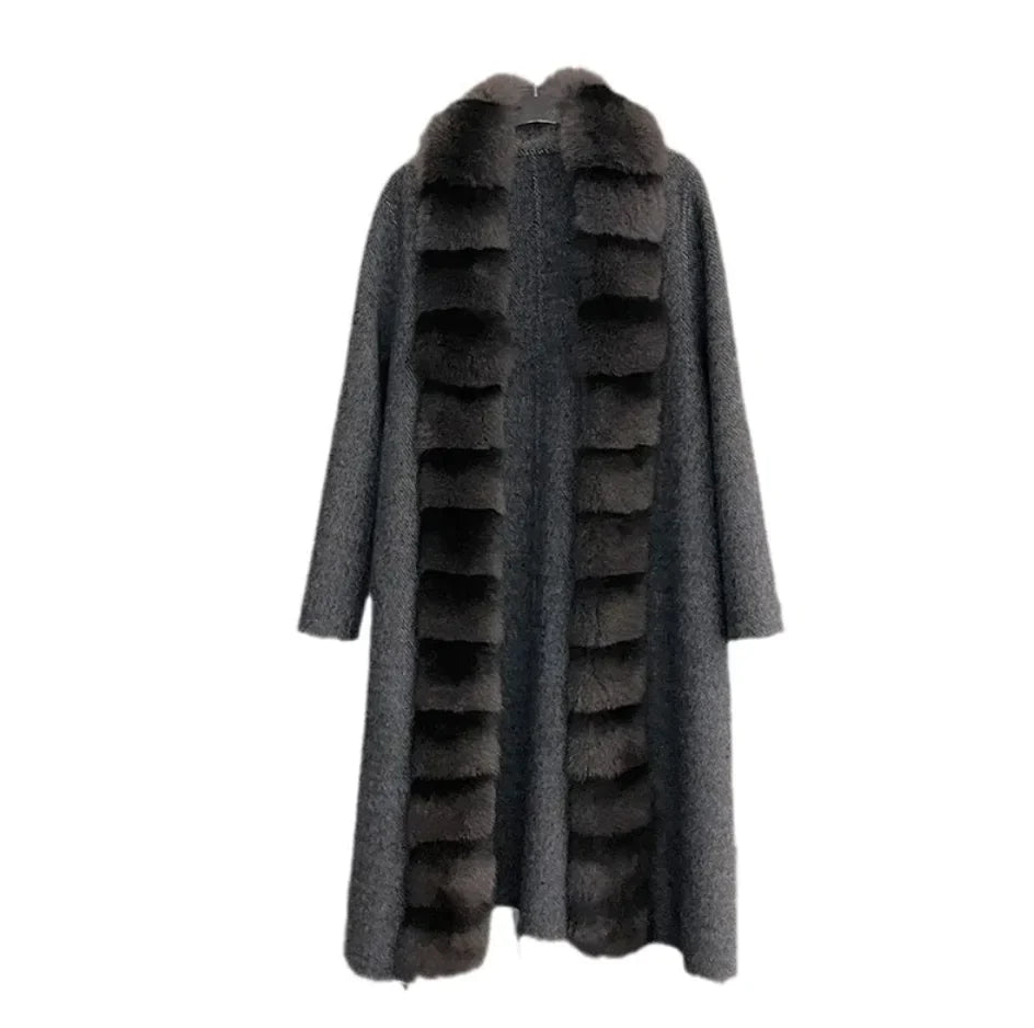 Abrigo de Fleece de Alpaca Lujo con Cuello de Piel de Zorro Desmontable