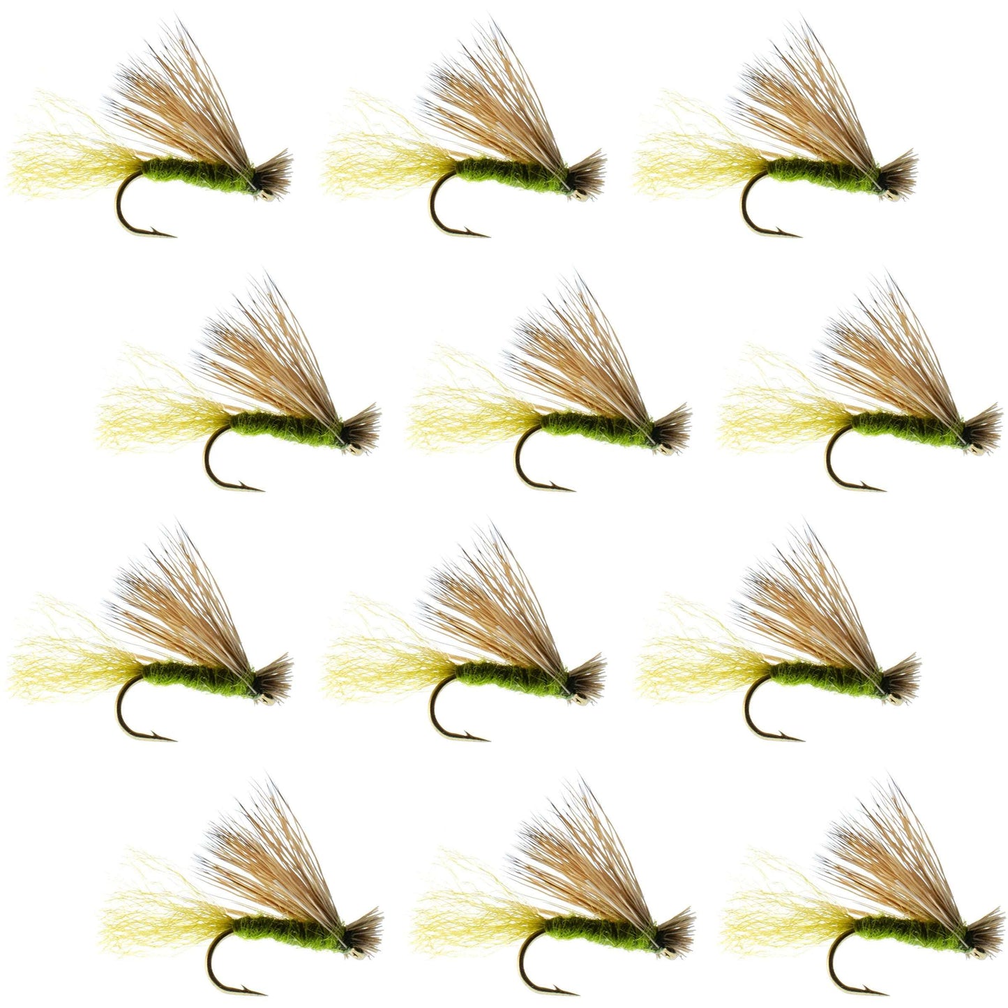 Mouches à saumon sans ardillon Olive X Caddis adulte émergent - Taille 18 (12 mouches)