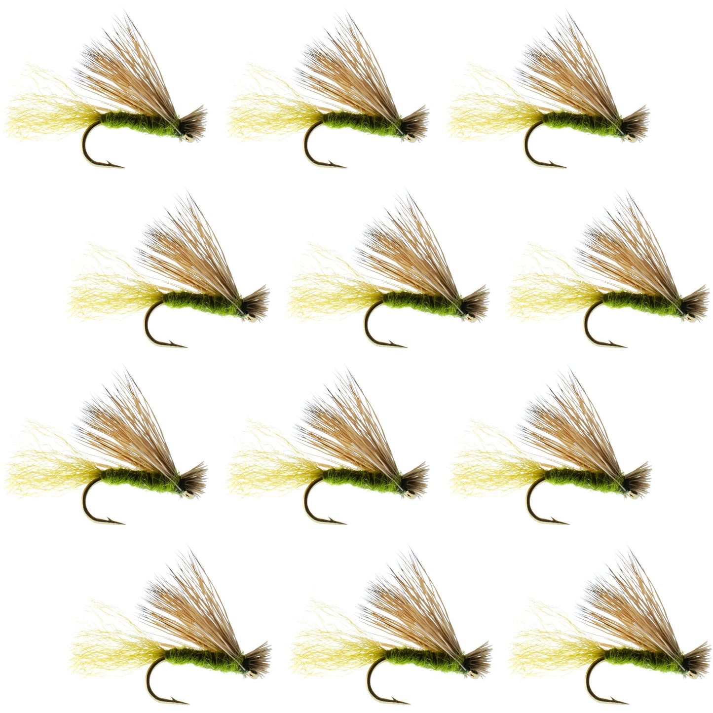 Premium Olive X Caddis Adult Dry Flies - 1 Dozen Size 16 for Trout Fishing - Korvel