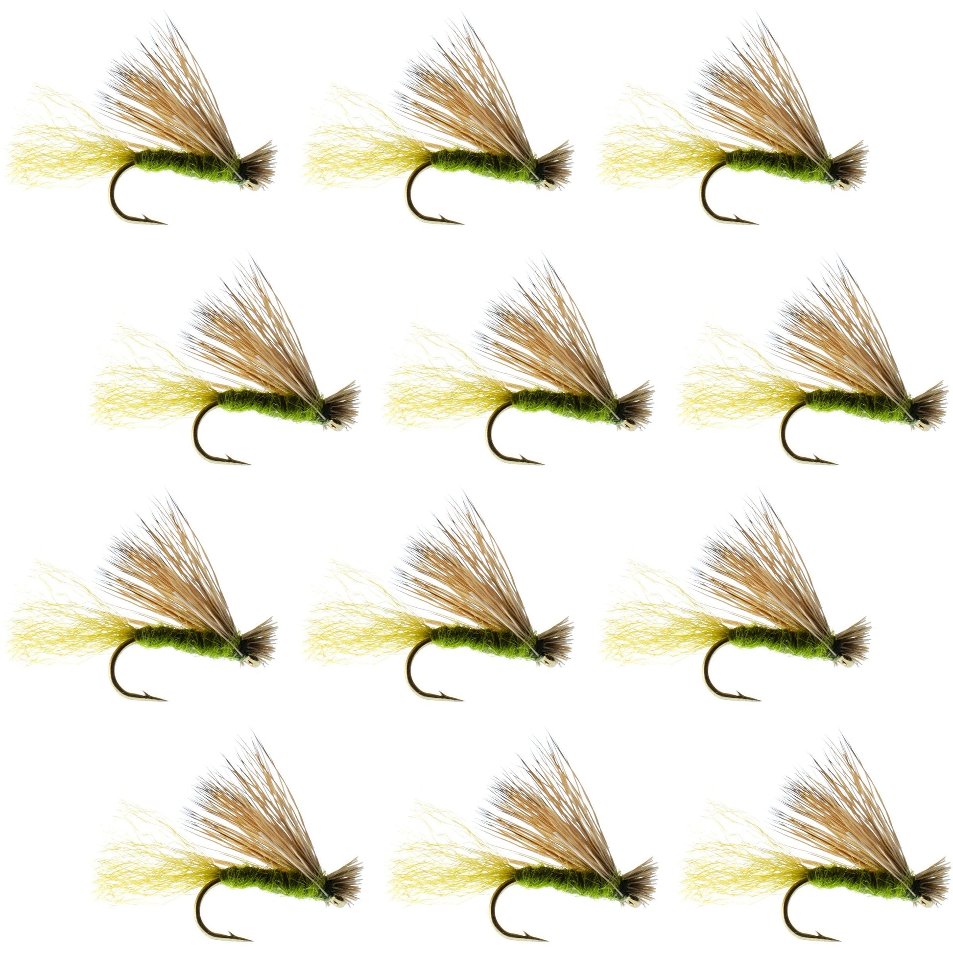 Premium Olive X Caddis Adult Dry Flies - 1 Dozen Size 16 for Trout Fishing - Korvel
