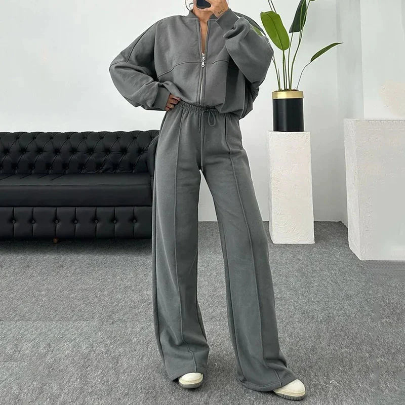Conjunto de Suéter y Pantalones de Color Sólido con Cremallera BASIC para Mujeres