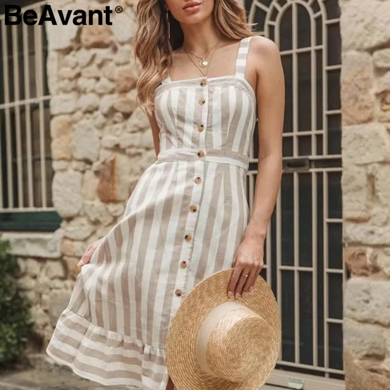 Vestido Midi de Lino y Algodón a Rayas BeAvant para Mujeres
