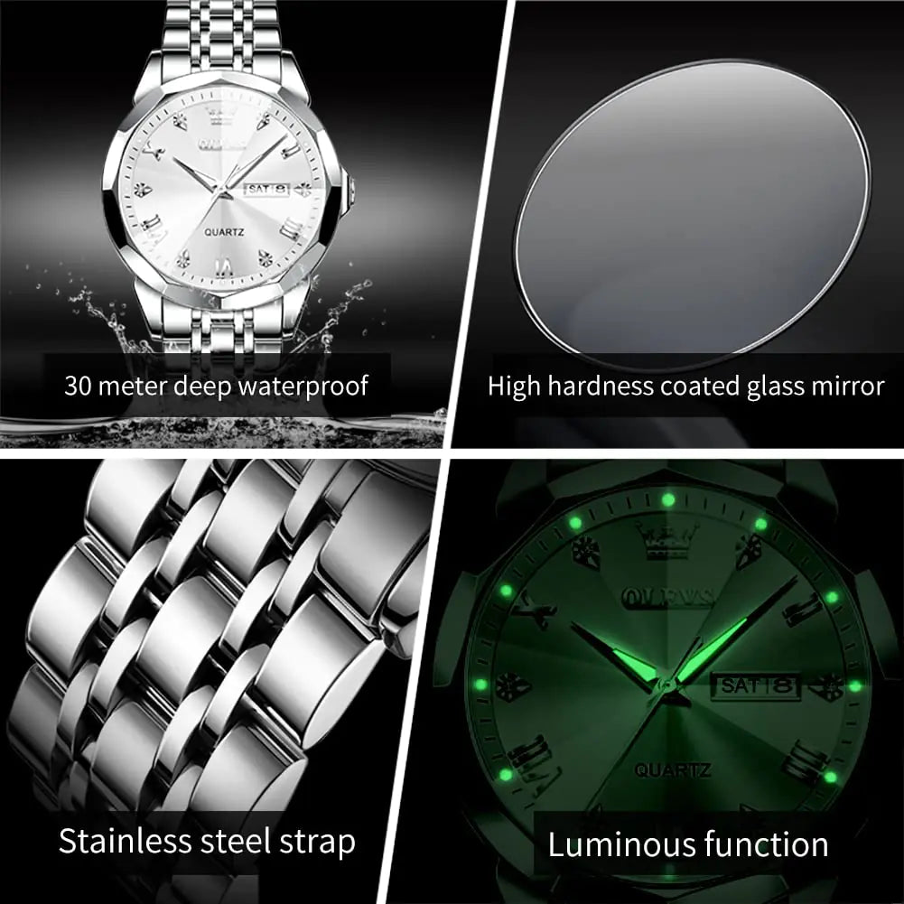 Montre analogique de luxe OLEVS pour homme en deux tons avec diamants