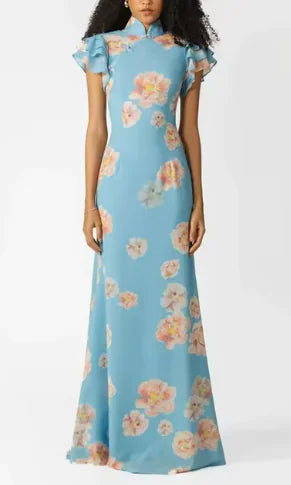 Vestido de Manga Abullonada con Botones y Cuello Alto de Flores