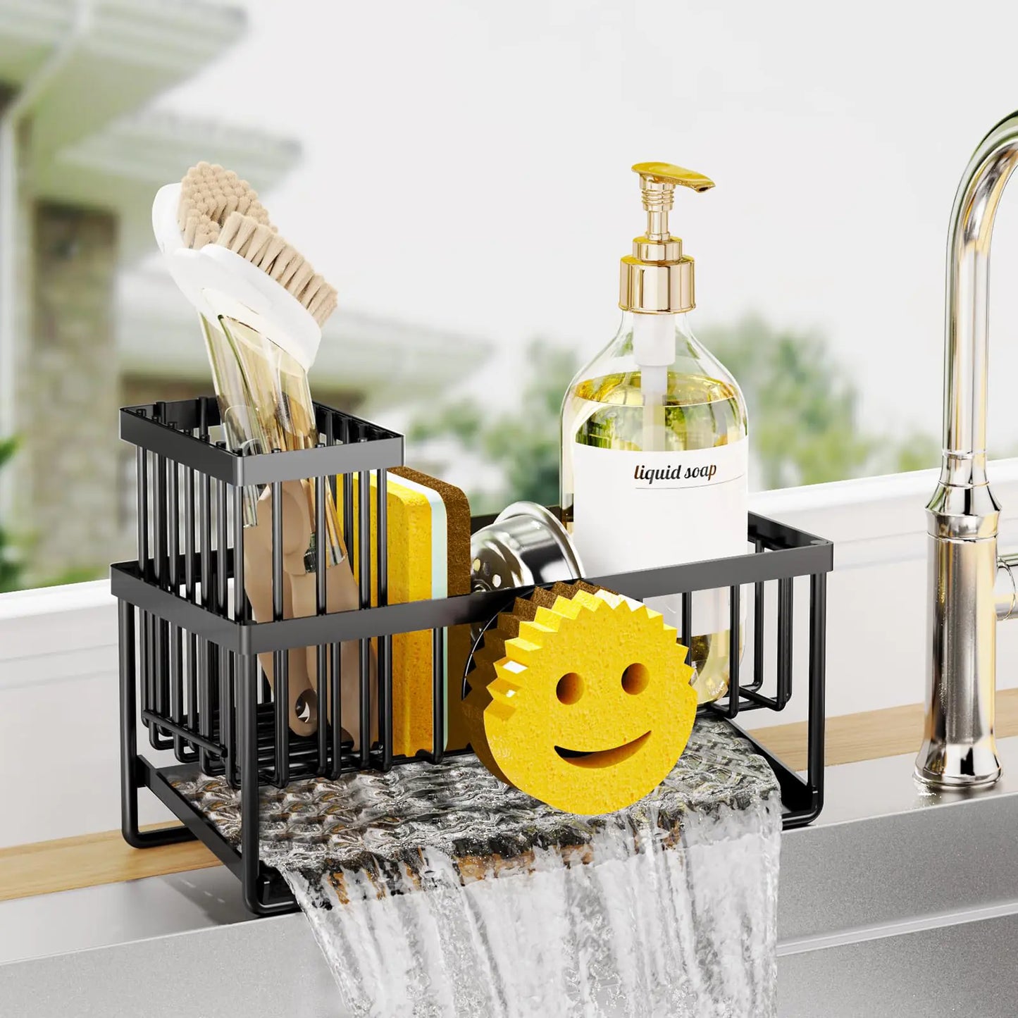 Smiley Face Kitchen Sink Caddy with Removable Brush Holder