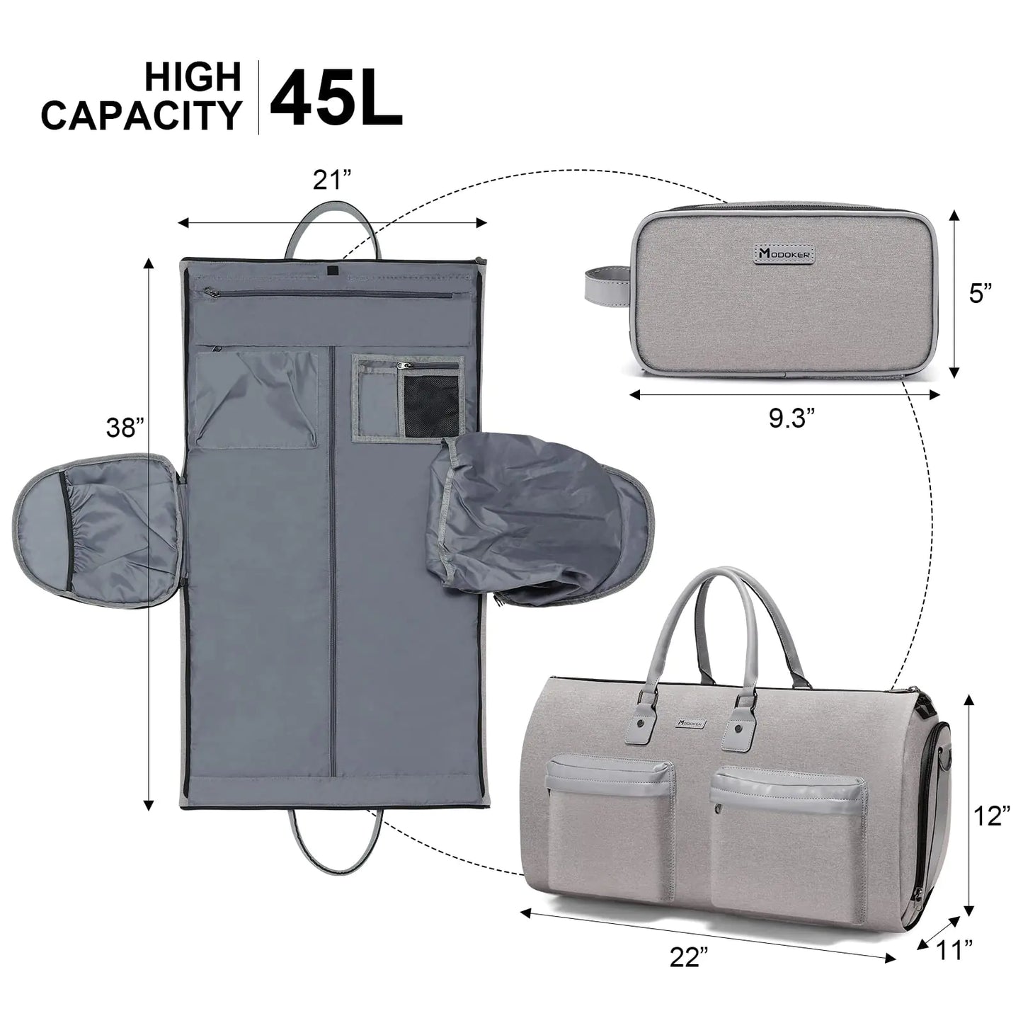 Sac à vêtements convertible avec trousse de toilette - Gris clair