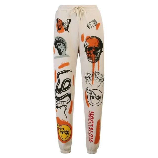 Cartoon Printed High-Waisted Sweat Pants