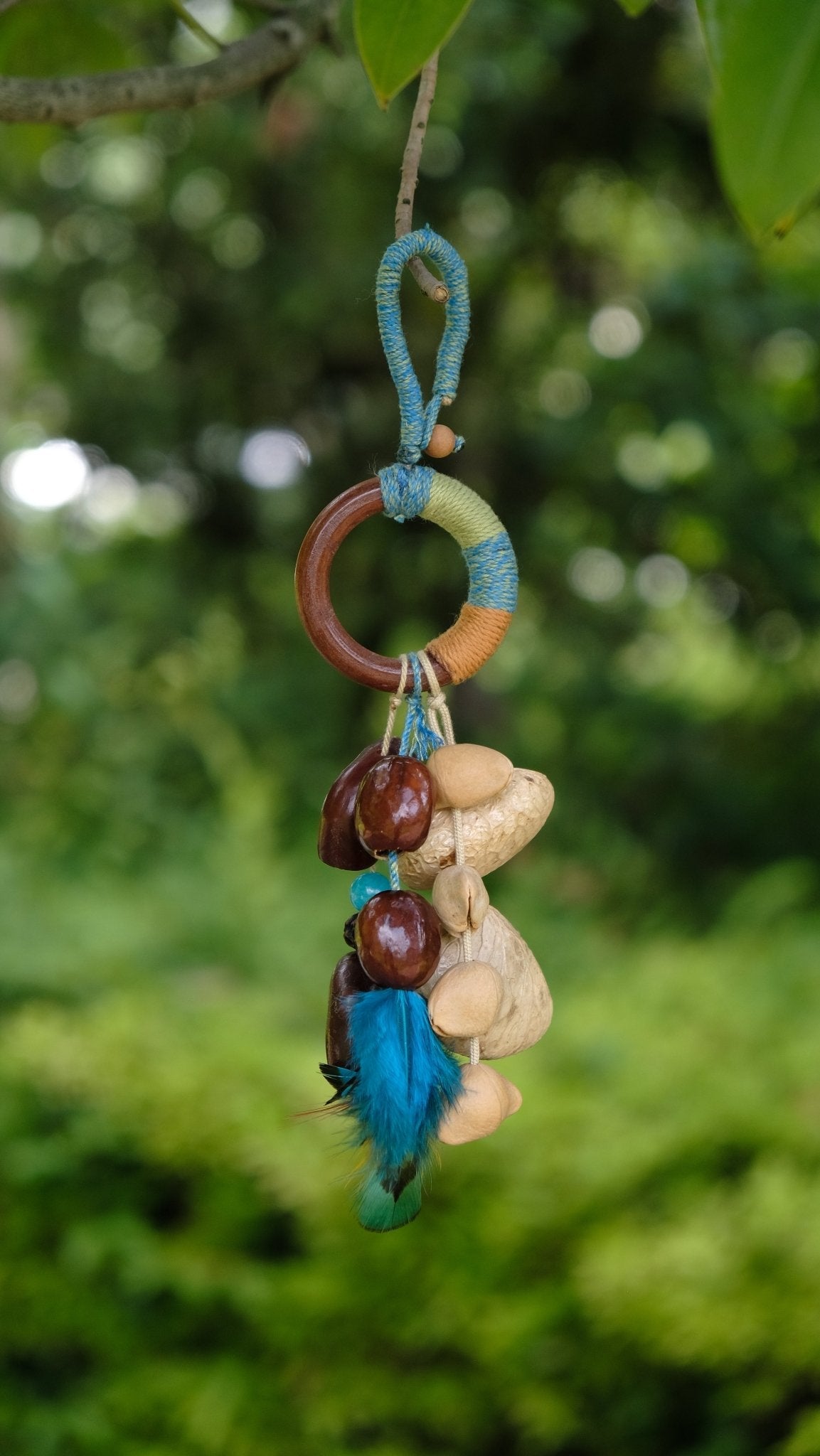 The Azure Spirit - Hand-Wrapped Wood Ring & Blue Feather Charm