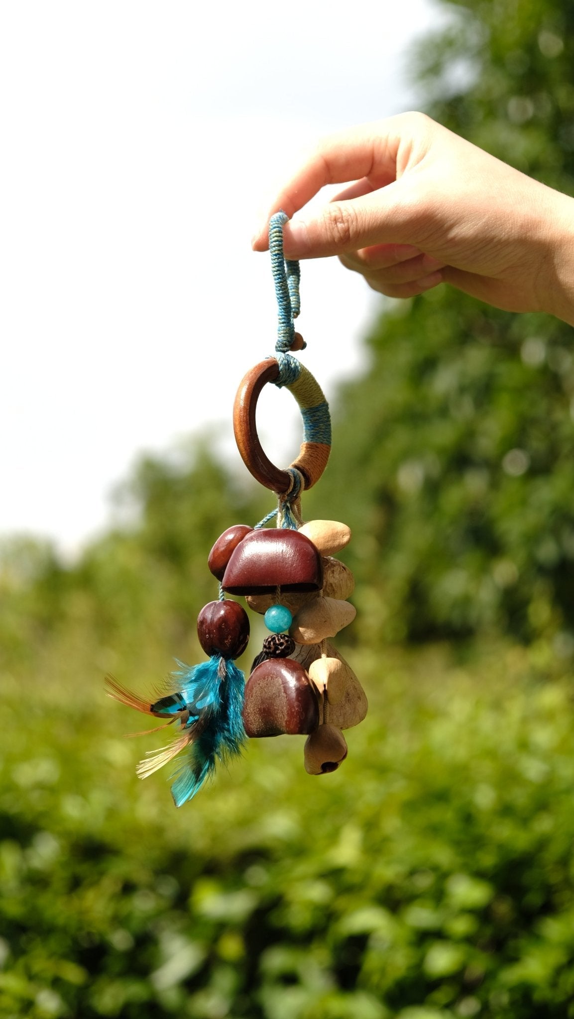 The Azure Spirit - Hand-Wrapped Wood Ring & Blue Feather Charm