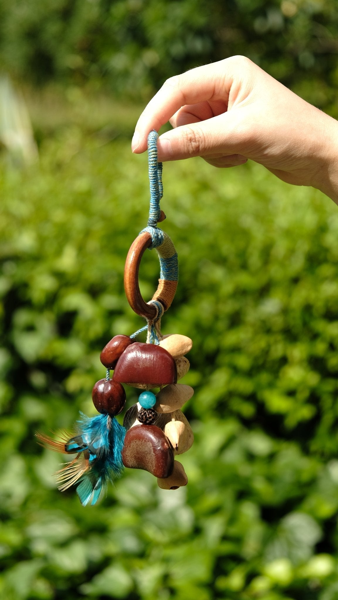 The Azure Spirit - Hand-Wrapped Wood Ring & Blue Feather Charm
