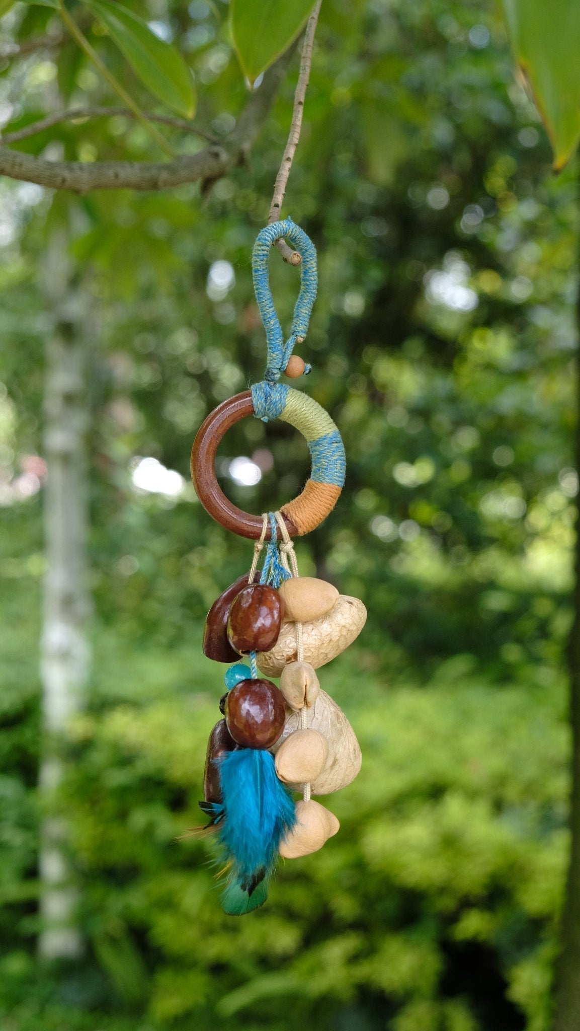 The Azure Spirit - Hand-Wrapped Wood Ring & Blue Feather Charm