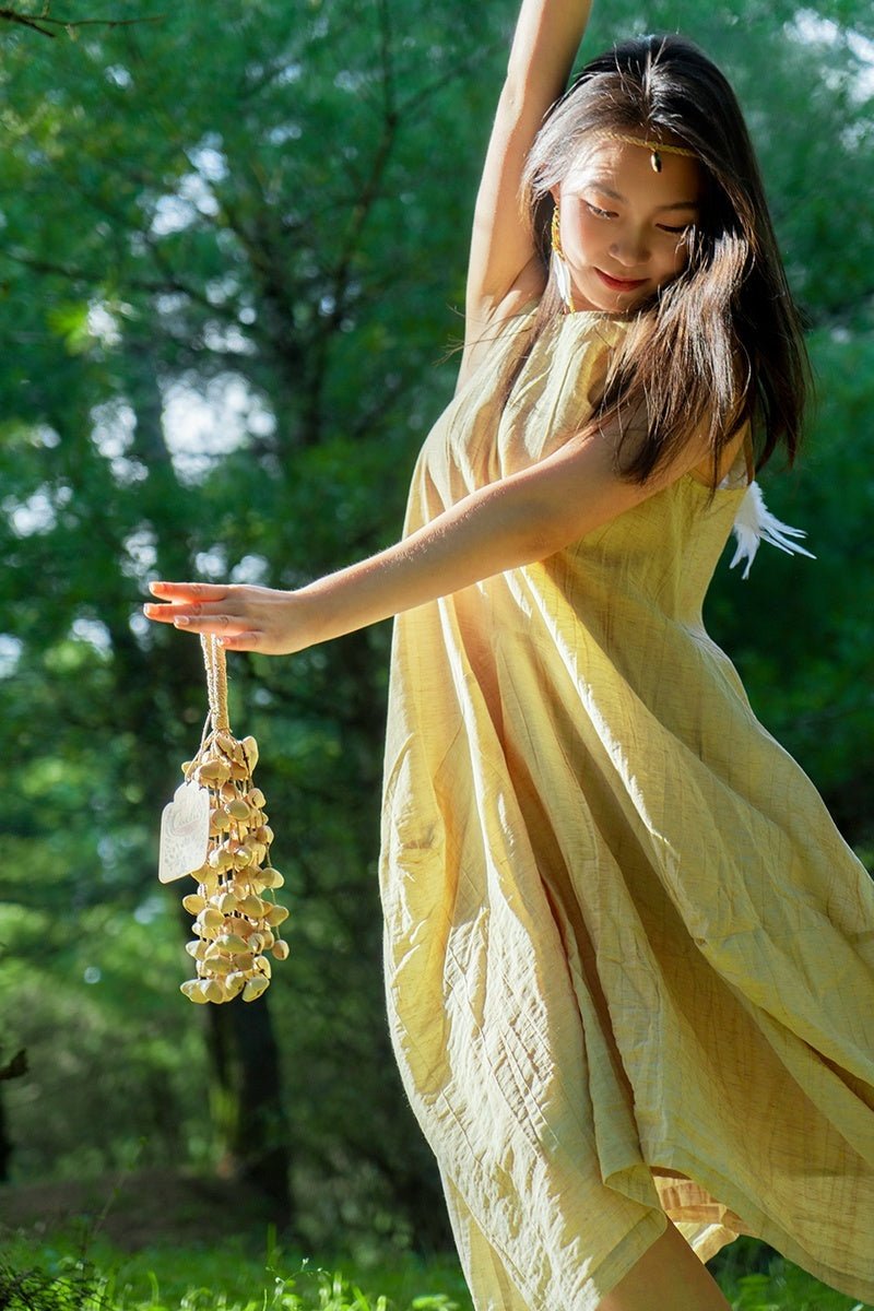 Handmade Chacha Oleander Seed Rope Hand Bell - Natural Decor