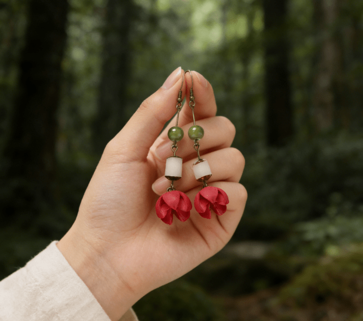 Los Pendientes Colgantes de Armonía del Bosque - Semilla Natural y Cuenta Roja