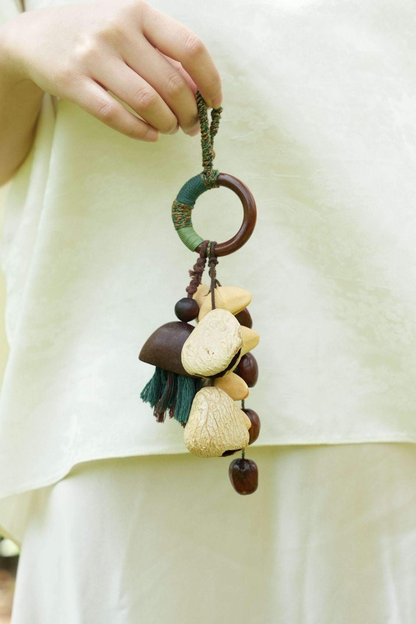 The Forest Harvest - Cascading Nut Shell & Green Tassel Bag Charm