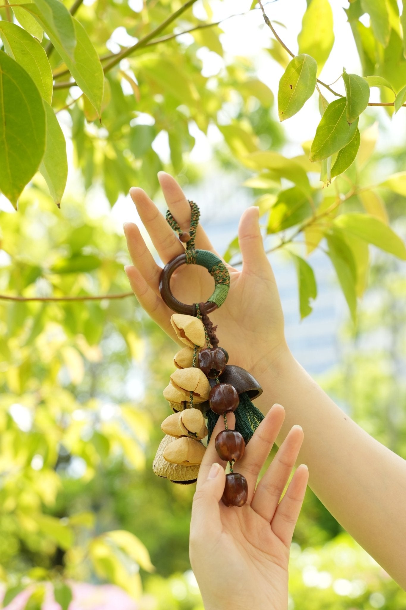 The Forest Harvest - Cascading Nut Shell & Green Tassel Bag Charm