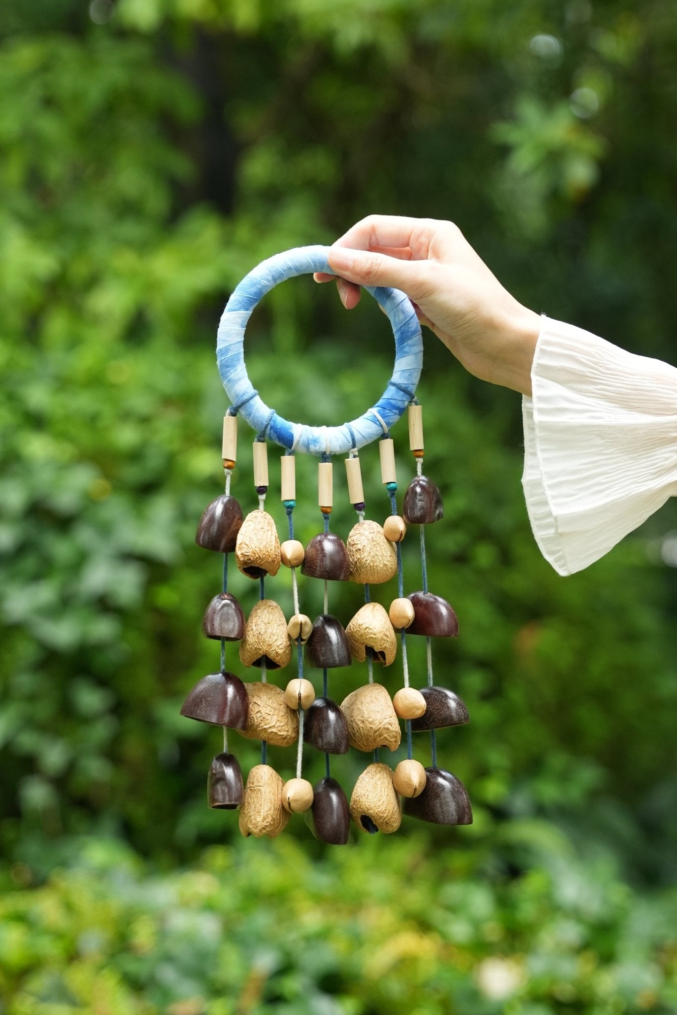The Indigo Rain - Shibori Wrapped Ring & Cascading Shell Wind Chime