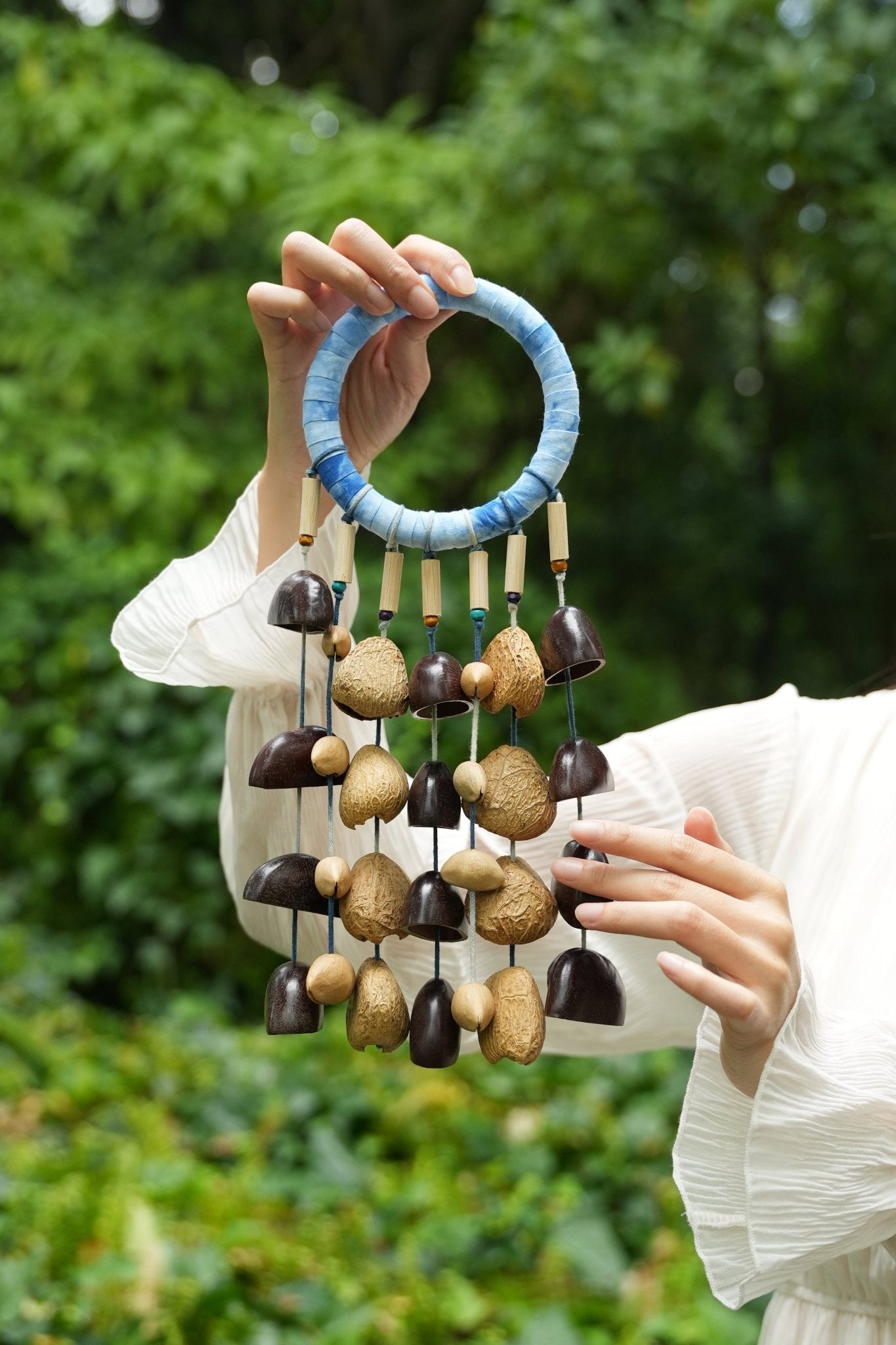 The Indigo Rain - Shibori Wrapped Ring & Cascading Shell Wind Chime