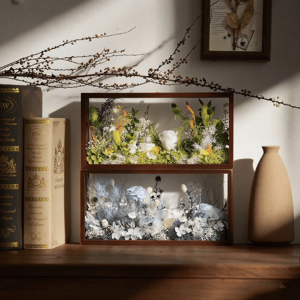 Le Jardin Paysager - Boîte d'Ombre avec Fleurs Préservées