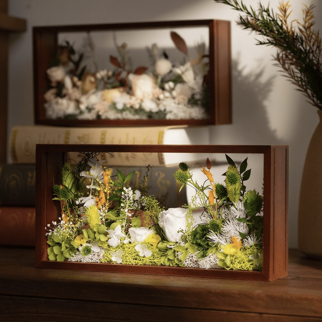 Le Jardin Paysager - Boîte d'Ombre avec Fleurs Préservées