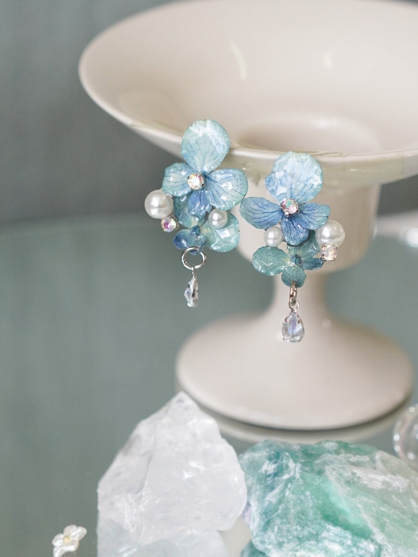 Real Blue Hydrangea Earrings with Pearl & Crystal Drop